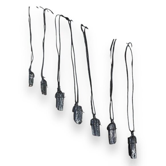 Black Tourmaline Natural Chunk Pendant Necklace w Velvet Cord 2.25" Size Crystal - Picture 7 of 11